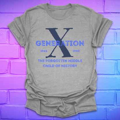 Gray t-shirt with blue text 'Generation X' on a brick wall background