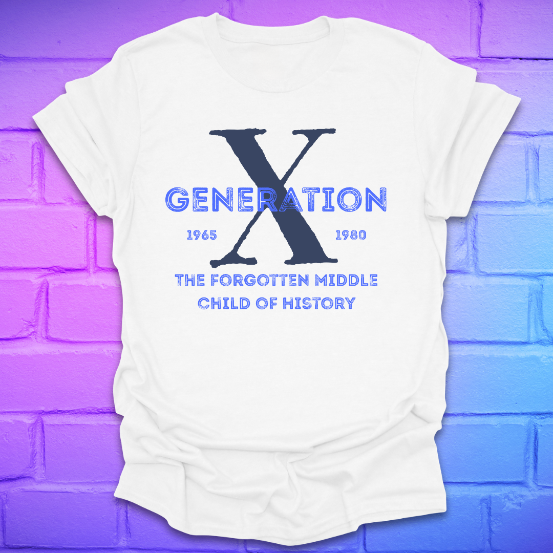 White t-shirt with 'Generation X' text on a purple brick wall background