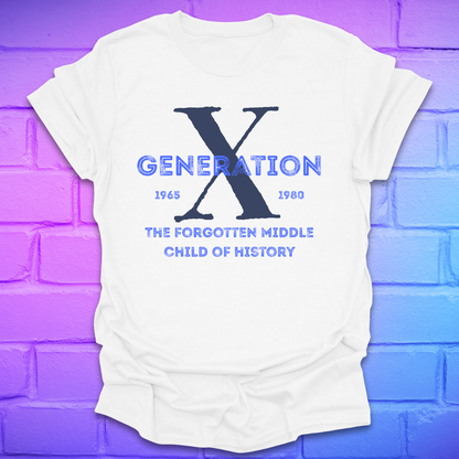 White t-shirt with 'Generation X' text on a purple brick wall background