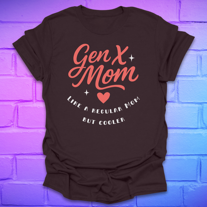 Brown t-shirt with 'Gen X Mom. like a regular mom but cooler' text on a brick wall background