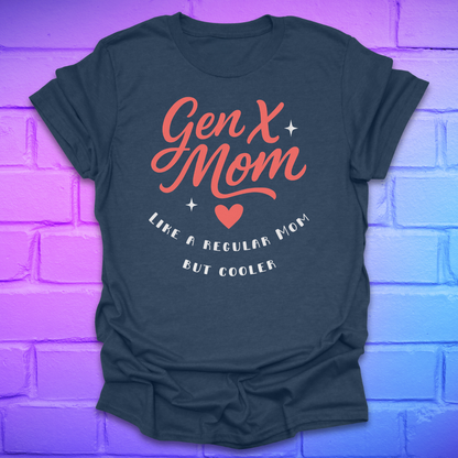 Heathter navy t-shirt with 'Gen X Mom. like a regular mom but cooler' text on a brick wall background