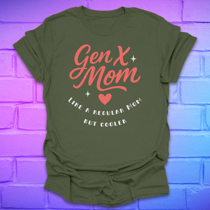 Green t-shirt with 'Gen X Mom. like a regular mom but cooler' text on a brick wall background
