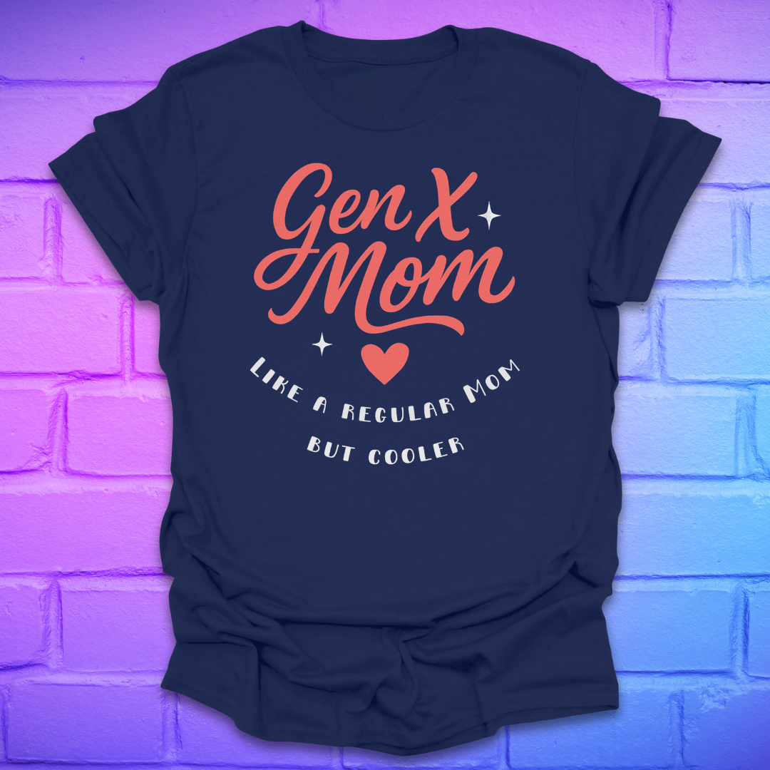 Navy t-shirt with 'Gen X Mom. like a regular mom but cooler' text on a brick wall background