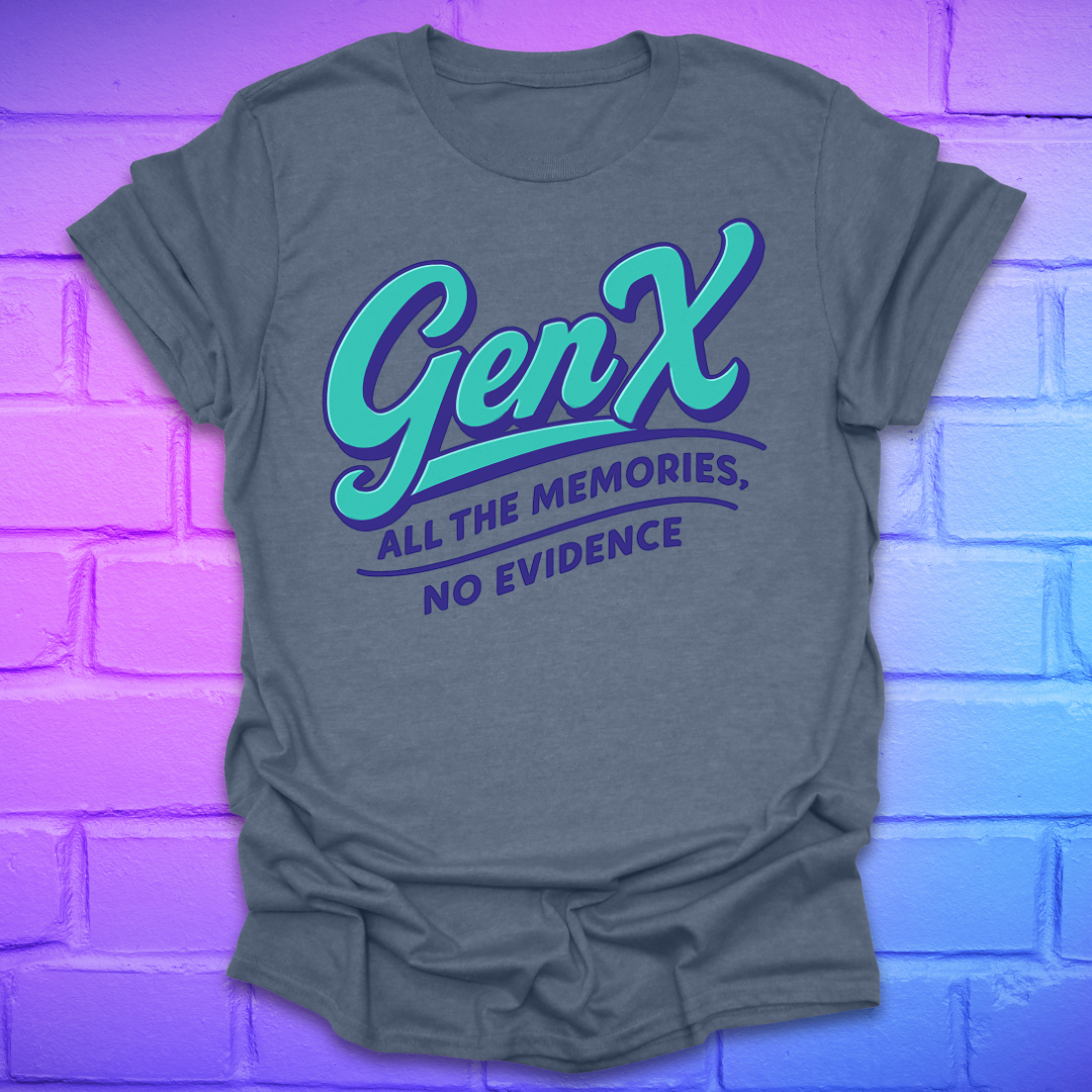 Indigo colored t-shirt with 'GenX. all the memories, no evidence' and text design on a brick wall background