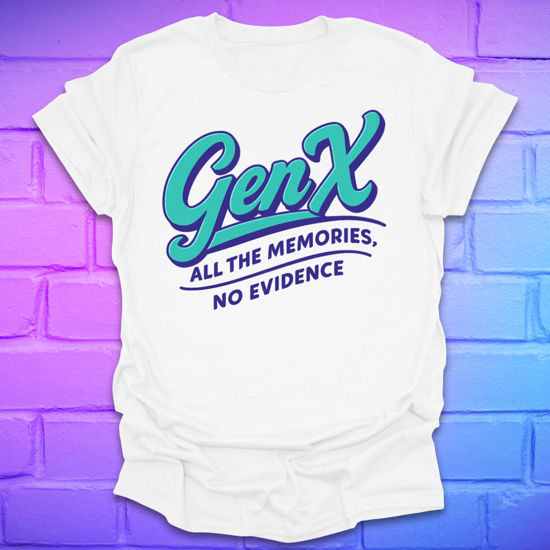 White t-shirt with 'GenX All the Memories, No Evidence' text on a gradient purple to blue brick wall background