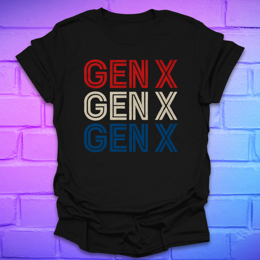 Black t-shirt with 'GEN X' text in red, white, and blue on a brick wall background
