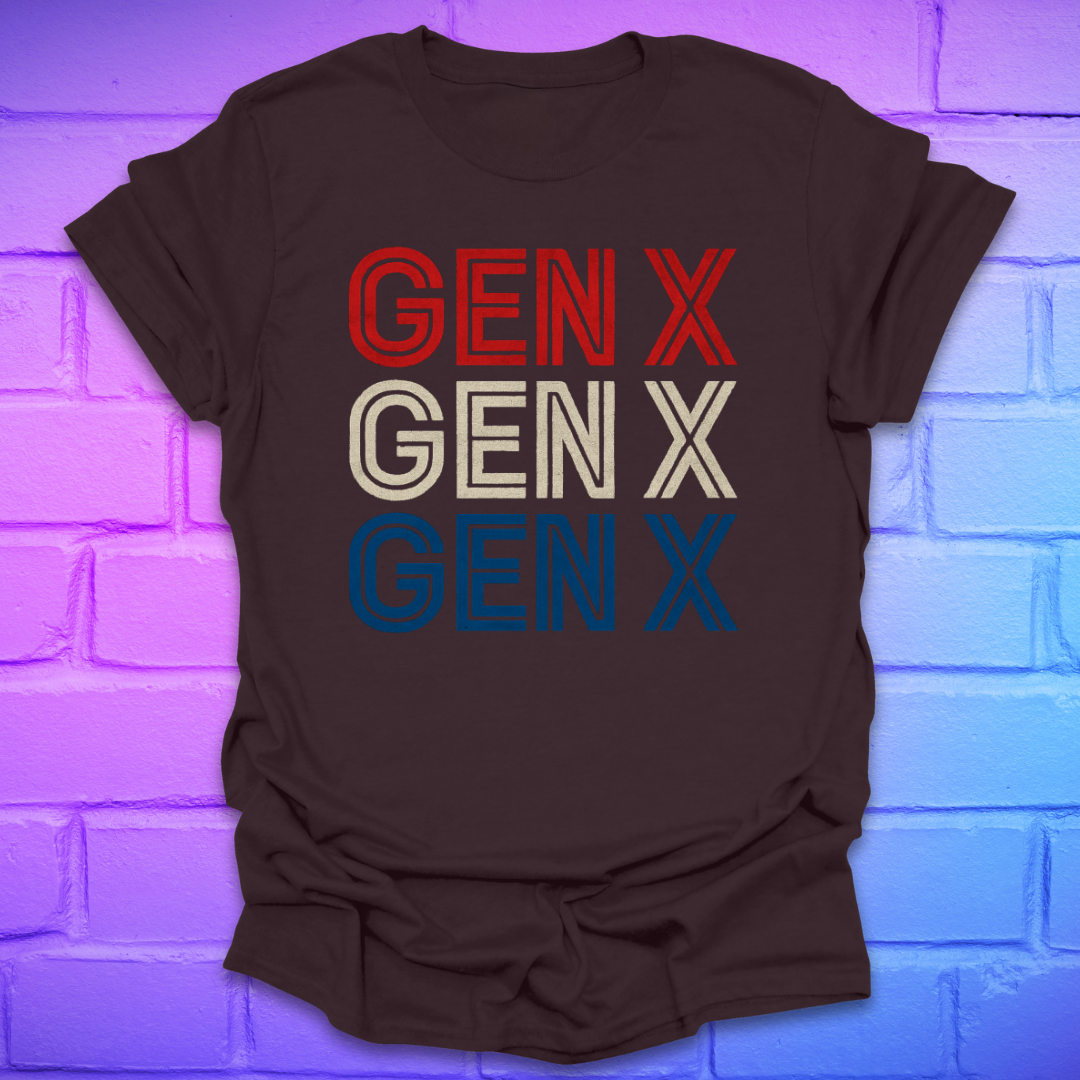 Brown t-shirt with 'GEN X' text in red, white, and blue on a brick wall background