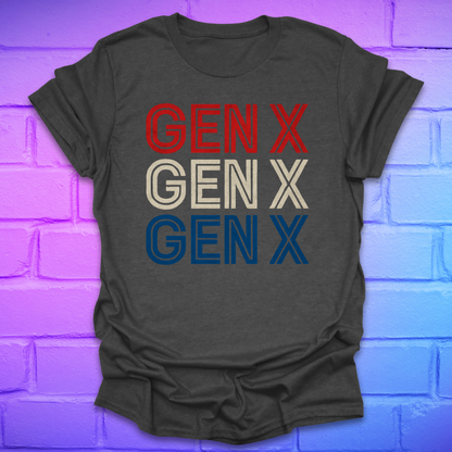 Gray t-shirt with 'GEN X' text in red, white, and blue on a brick wall background