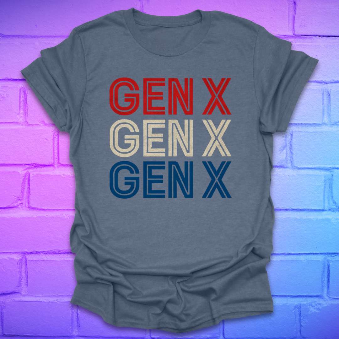 Heather indigo colored t-shirt with 'GEN X' text in red, white, and blue on a brick wall background