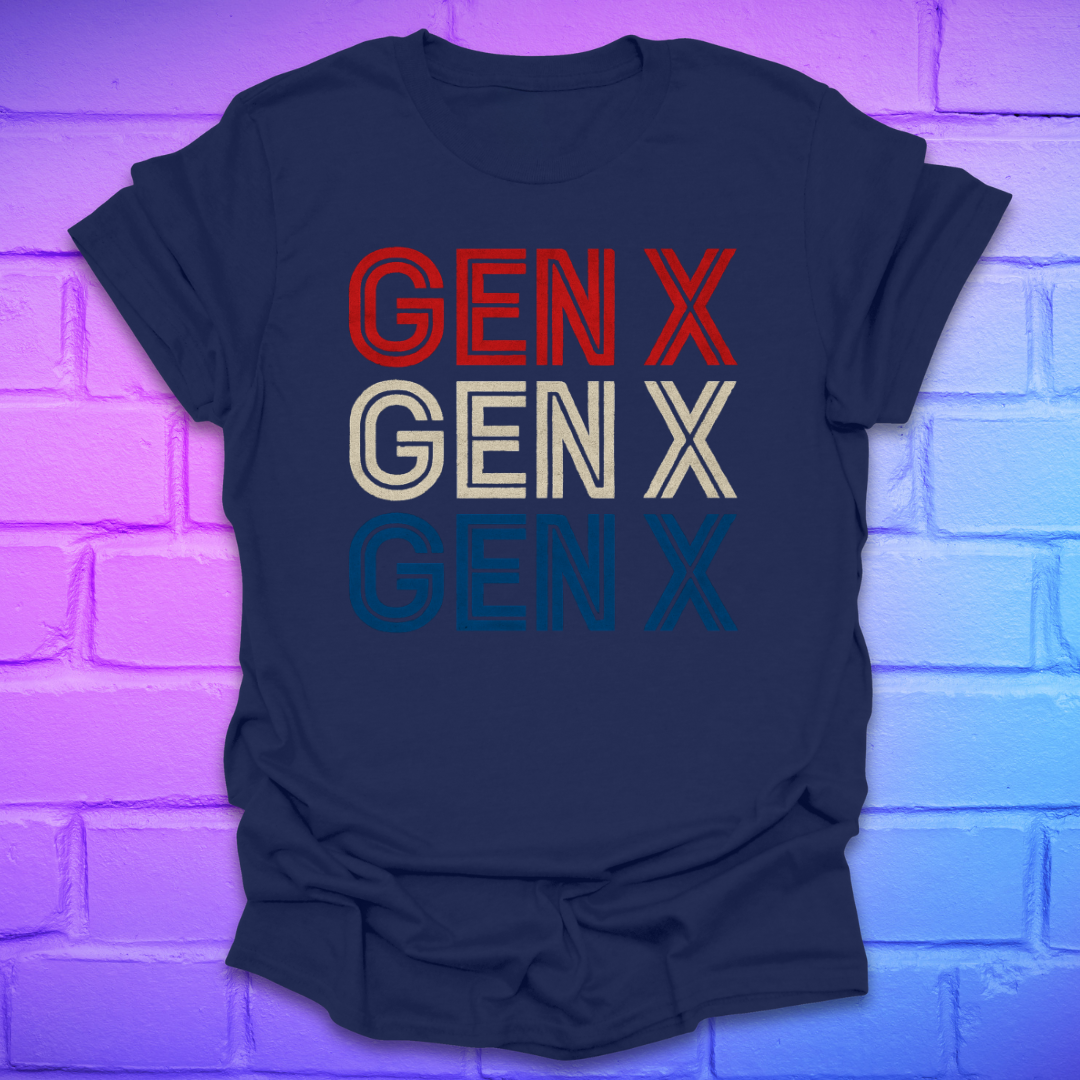 Navy blue t-shirt with 'GEN X' text in red, white, and blue on a brick wall background.