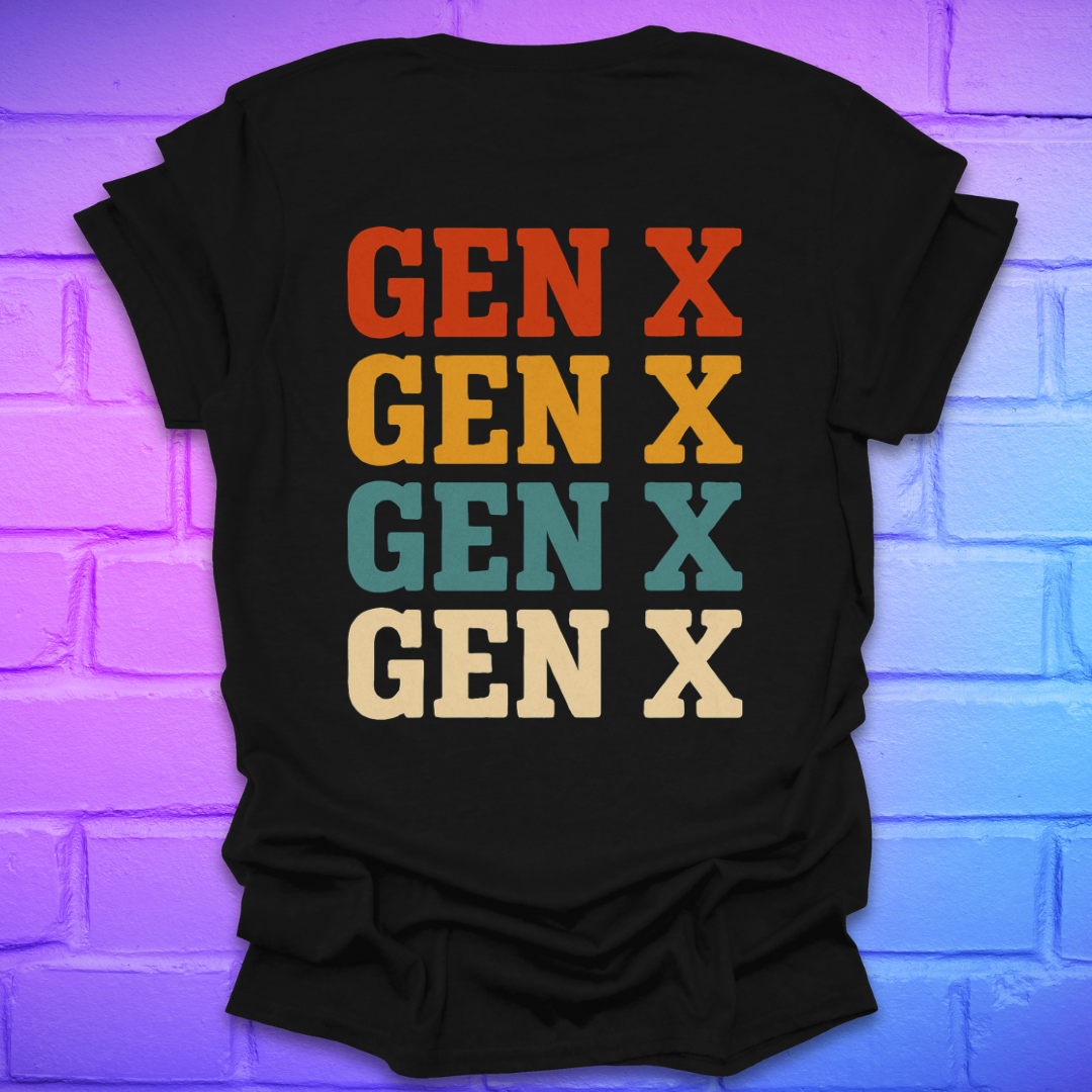 Black t-shirt with 'GEN X' text in colorful letters on a brick wall background