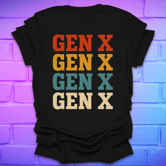 Black t-shirt with 'GEN X' text in colorful letters on a brick wall background