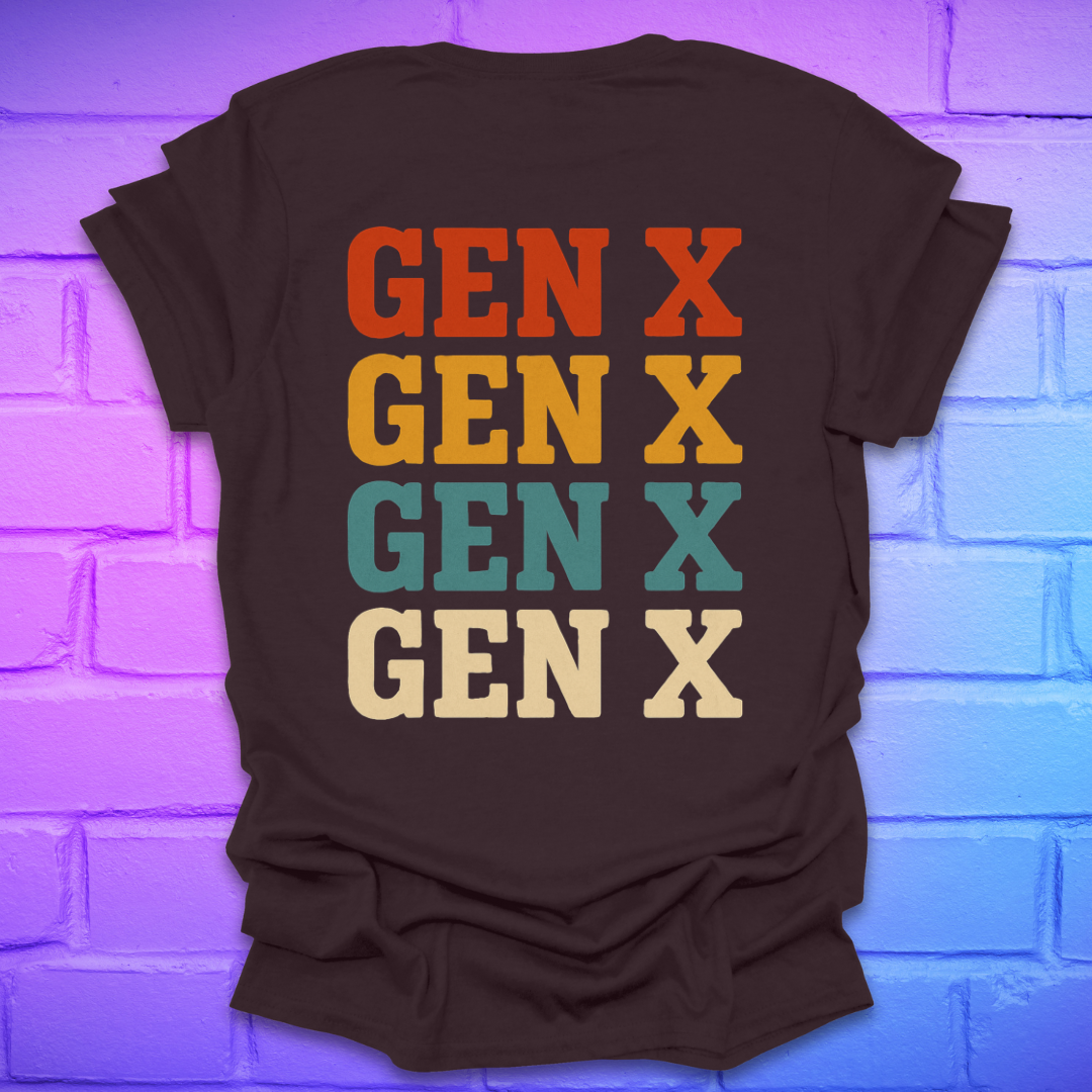 Brown t-shirt with 'GEN X' text in different colors on a brick wall background