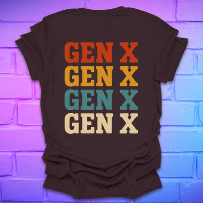 Brown t-shirt with 'GEN X' text in different colors on a brick wall background
