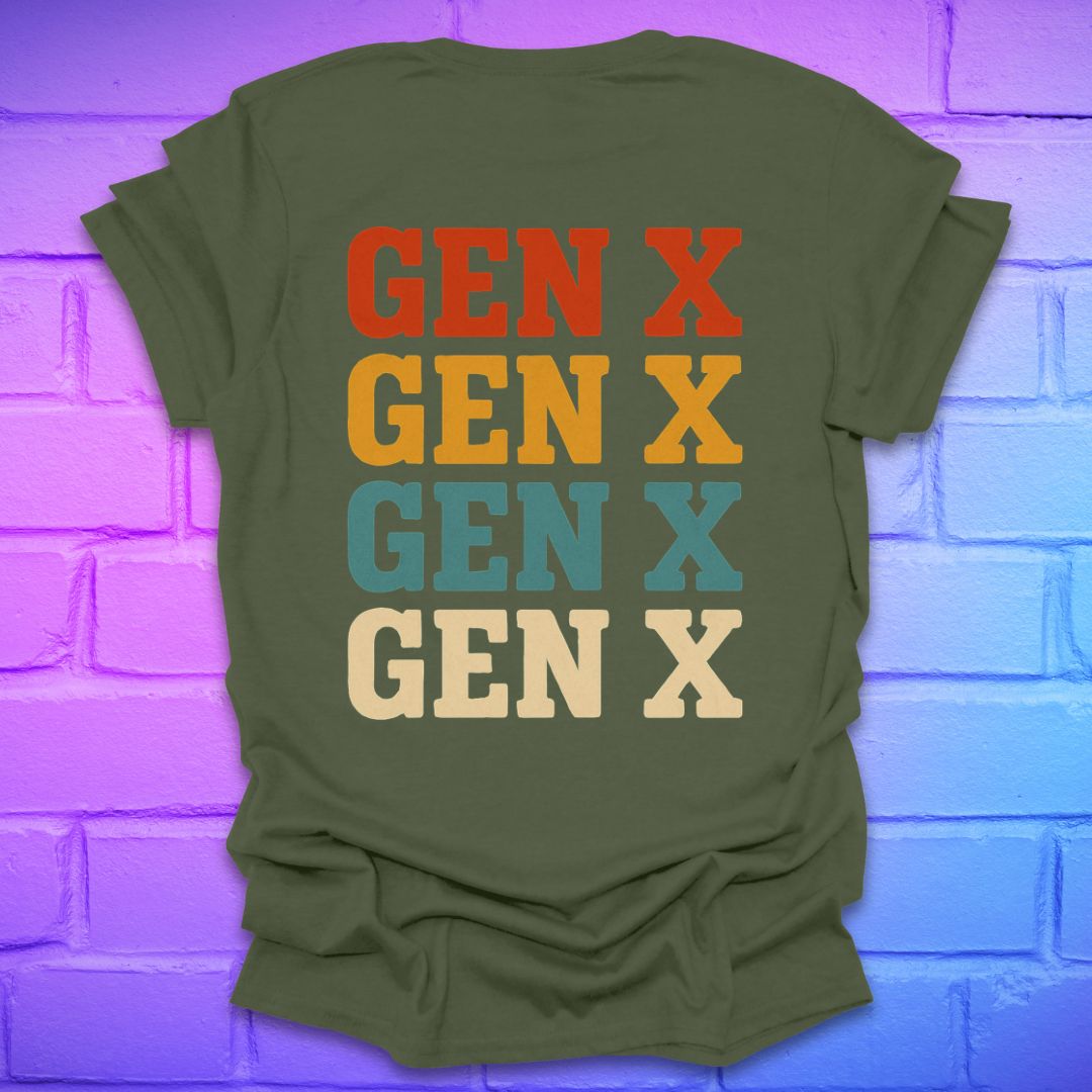 Green t-shirt with 'GEN X' text in different colors on a brick wall background