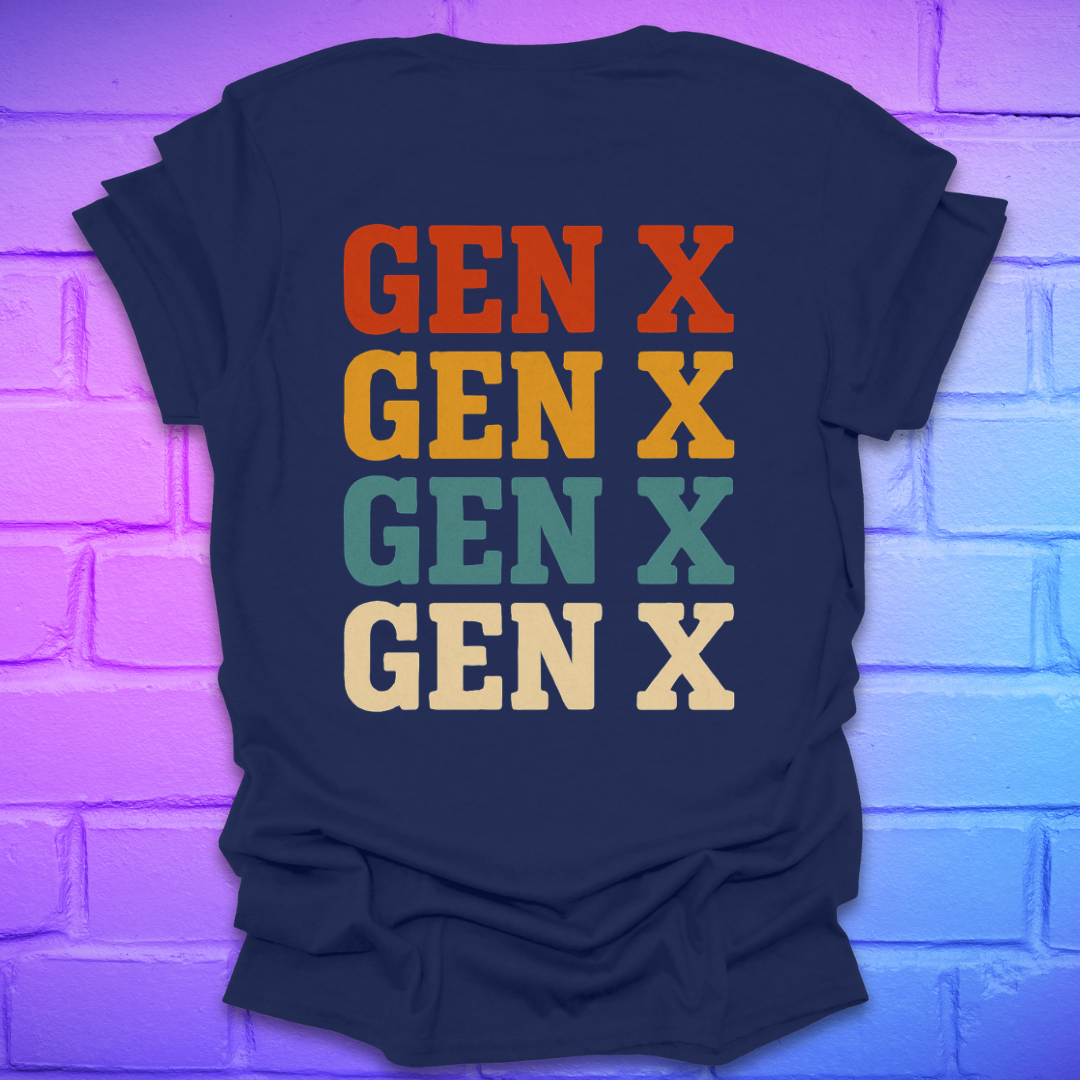 Navy blue t-shirt with 'GEN X' text in multicolor on a brick wall background