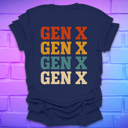 Navy blue t-shirt with 'GEN X' text in multicolor on a brick wall background
