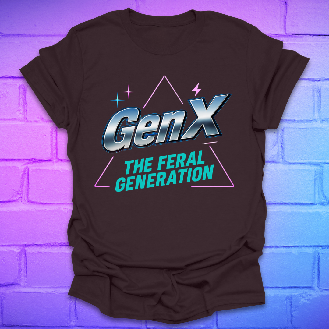 Brown t-shirt with 'GenX THE FERAL GENERATION' text on a brick wall background