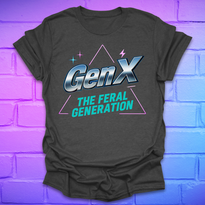 Dark grey t-shirt with 'GenX The Feral Generation' text on a brick wall background