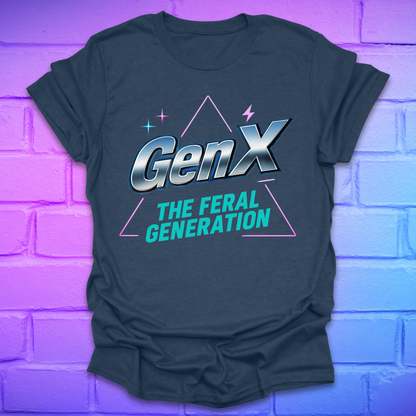 navy T-shirt with 'GenX The Feral Generation' design on a brick wall background