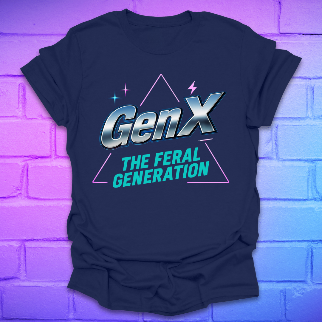 Navy blue t-shirt with 'GenX The Feral Generation' text on a brick wall background