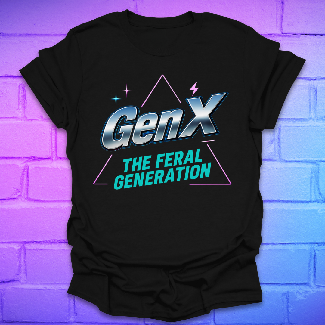Black t-shirt with 'GenX The Feral Generation' text on a brick wall background