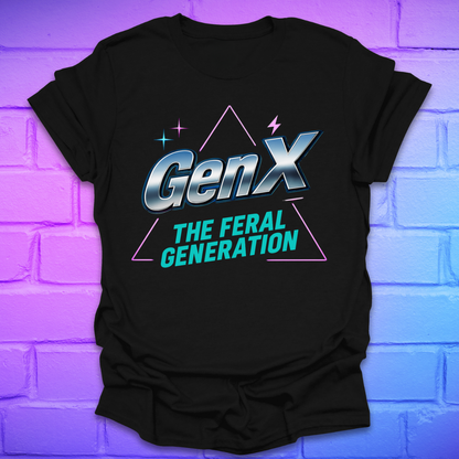 Black t-shirt with 'GenX The Feral Generation' text on a brick wall background