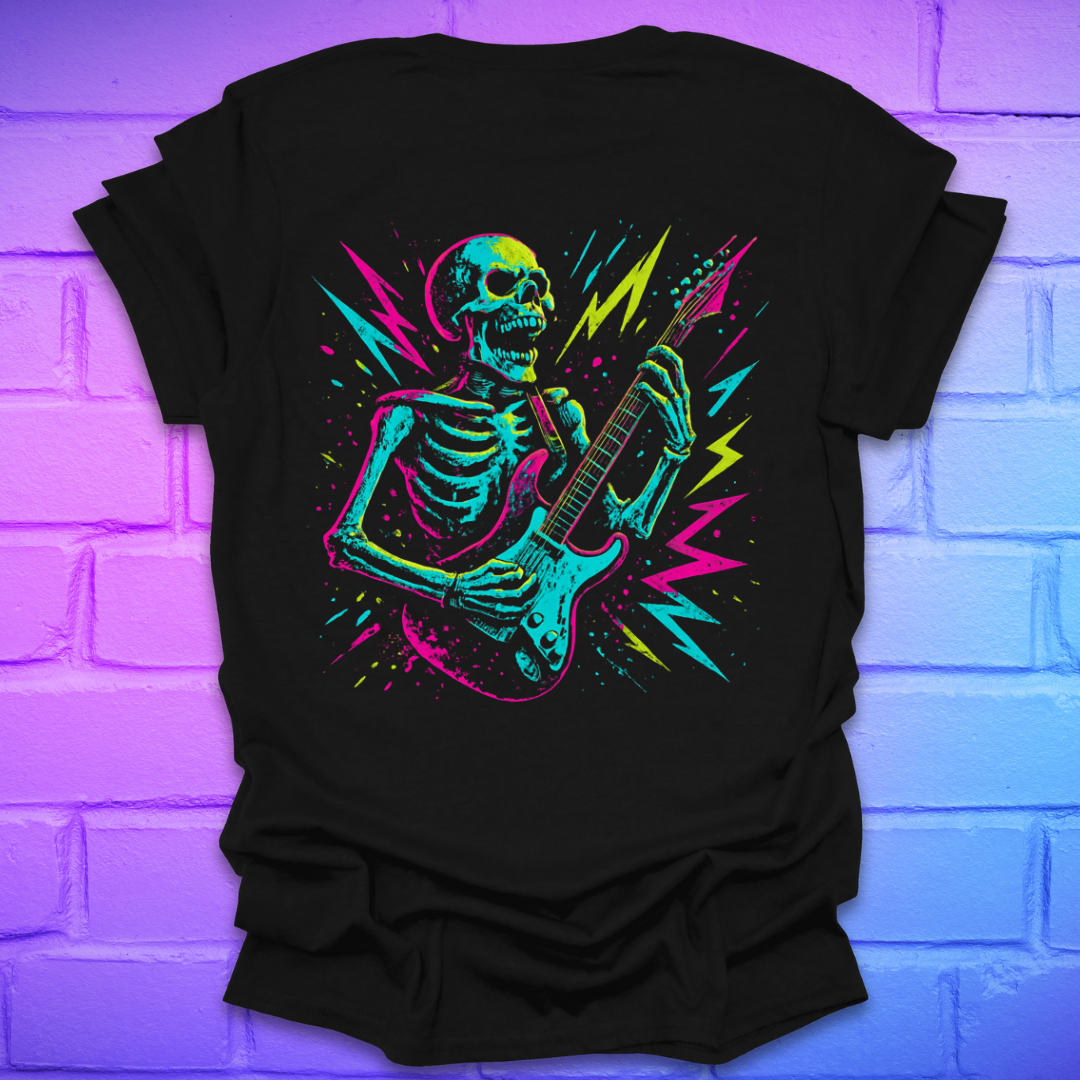 Black t-shirt with a colorful skeleton playing guitar design on the back of shirt on a brick wall background