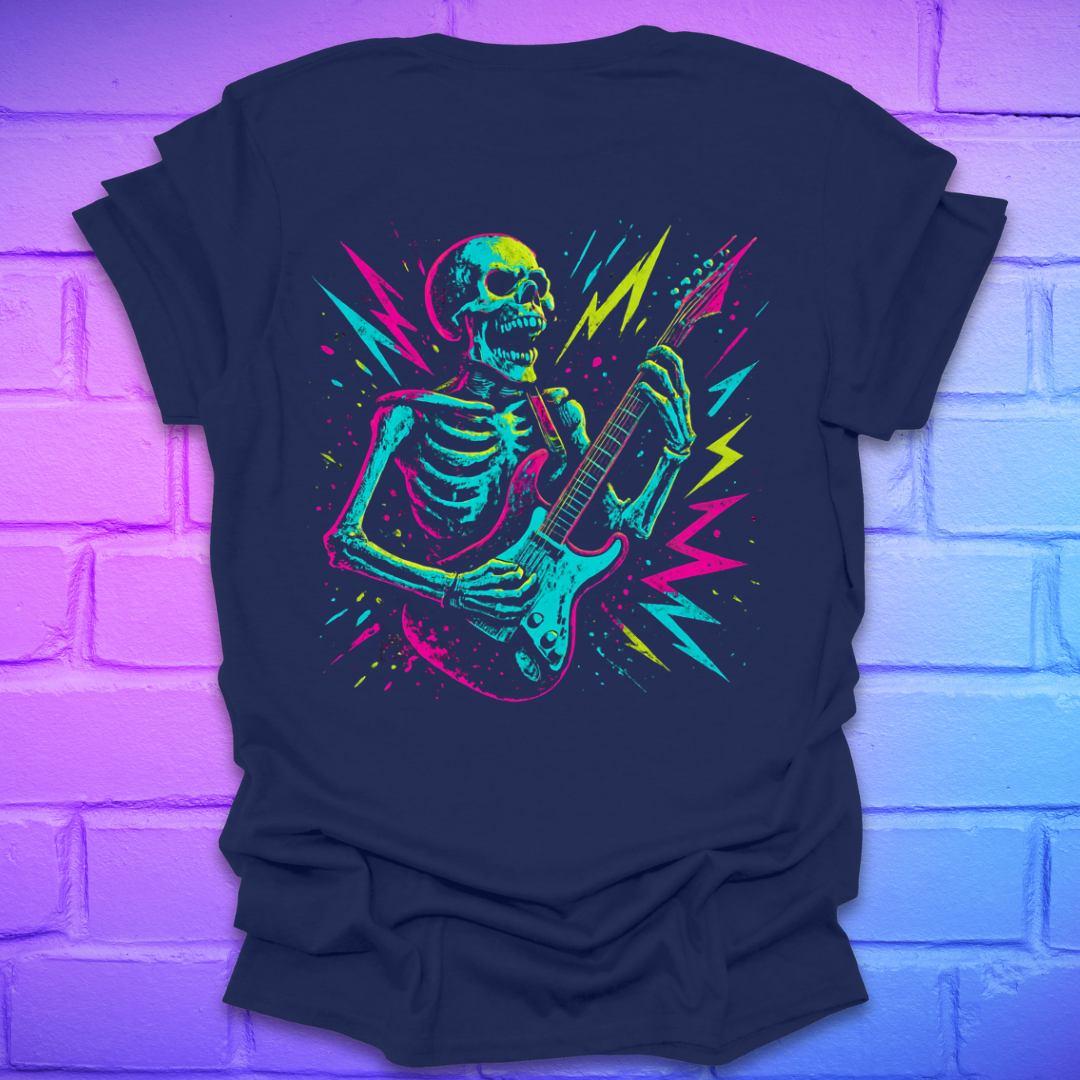 Navy t-shirt with a colorful skeleton playing guitar design on the back of shirt on a brick wall background