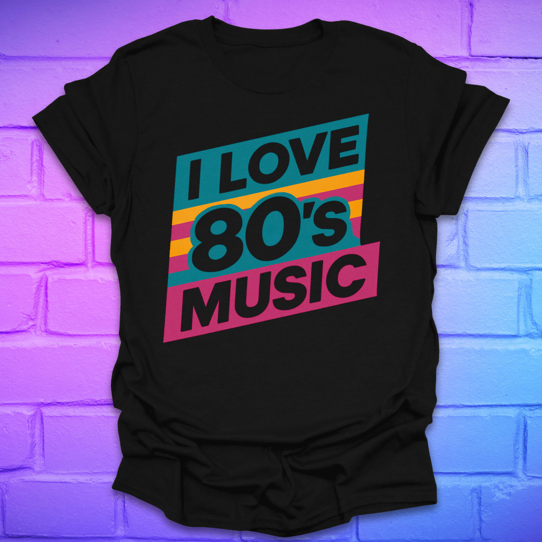 Black t-shirt with 'I Love 80's Music' text on a brick wall background