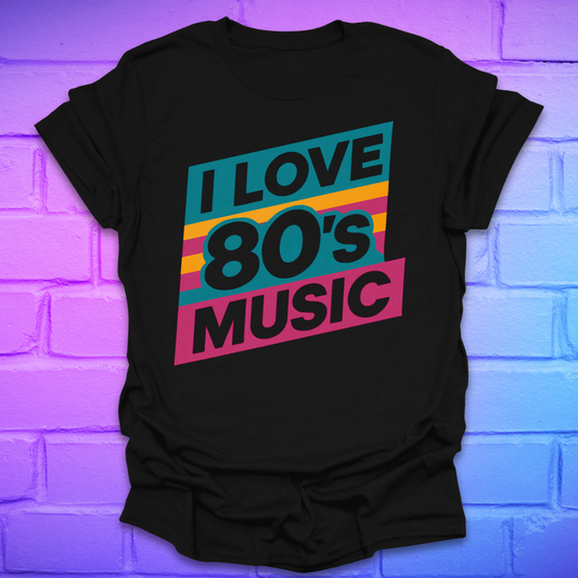 Black t-shirt with 'I Love 80's Music' text on a brick wall background