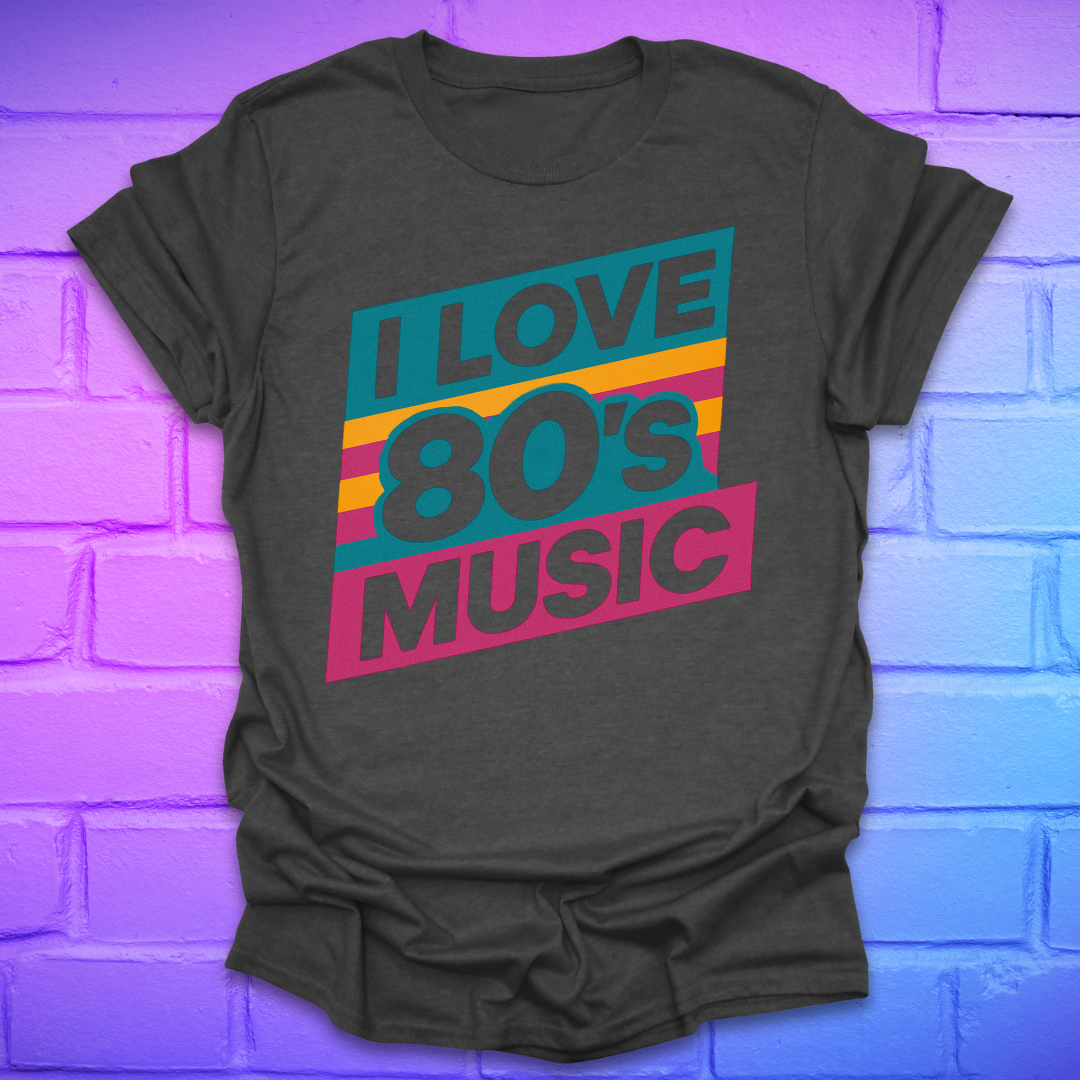 Dark grey T-shirt with 'I Love 80's Music' text on a brick wall background