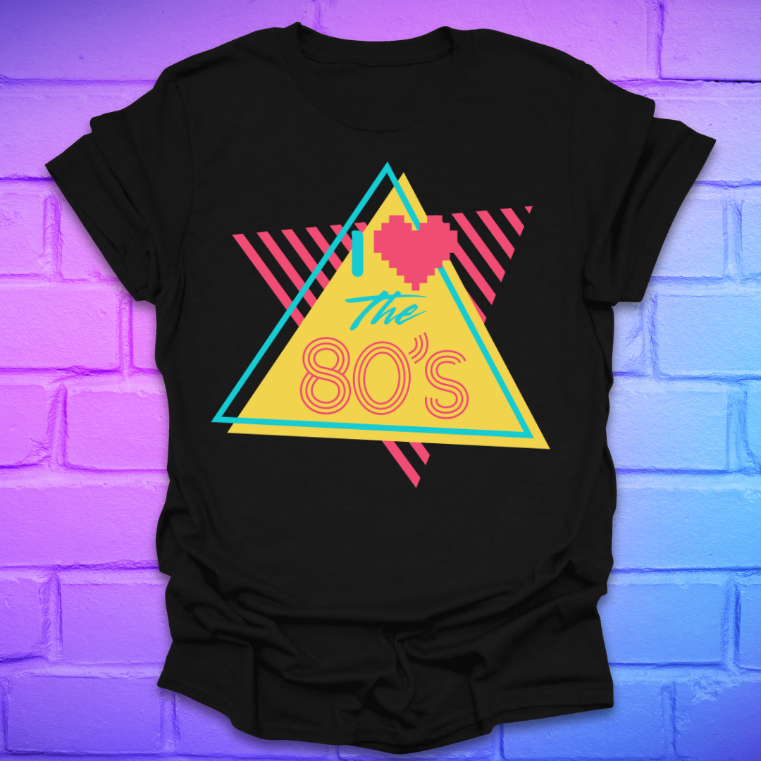 Black t-shirt with 'I love the 80's' design on a brick wall background