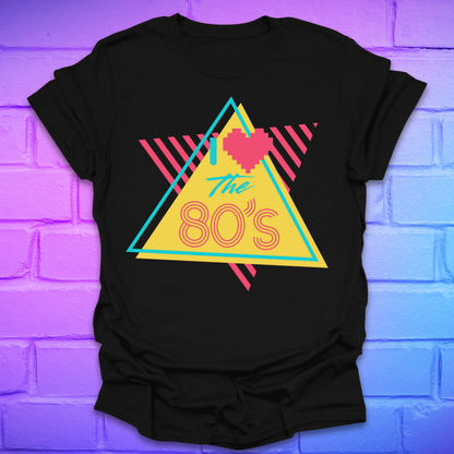 Black t-shirt with 'I love the 80's' design on a brick wall background