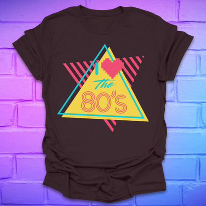 Brown t-shirt with 'The 80's' design on a brick wall background