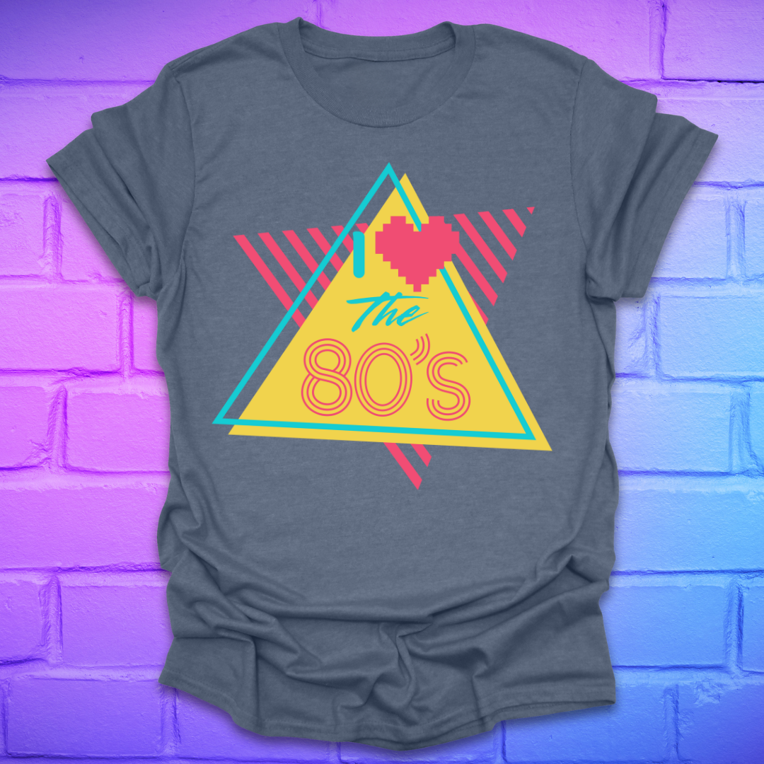 Heather Indigo t-shirt with 'The 80's' design on a brick wall background