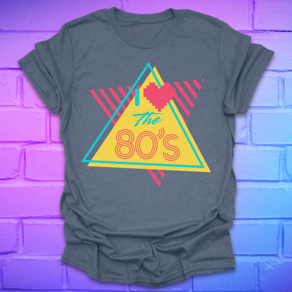 Heather Indigo t-shirt with 'The 80's' design on a brick wall background
