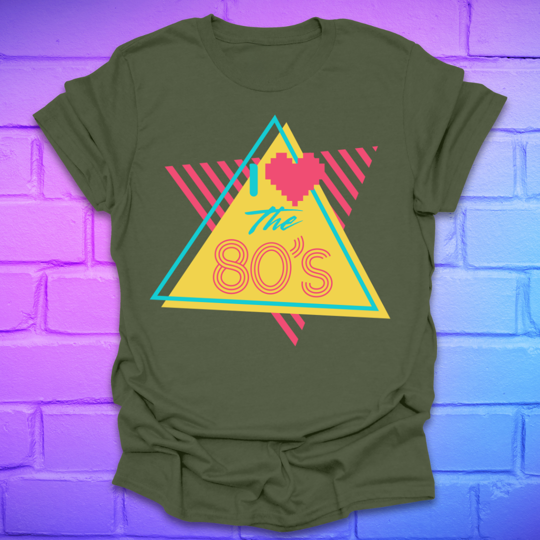 Green t-shirt with 'I love the 80's' design on a brick wall background