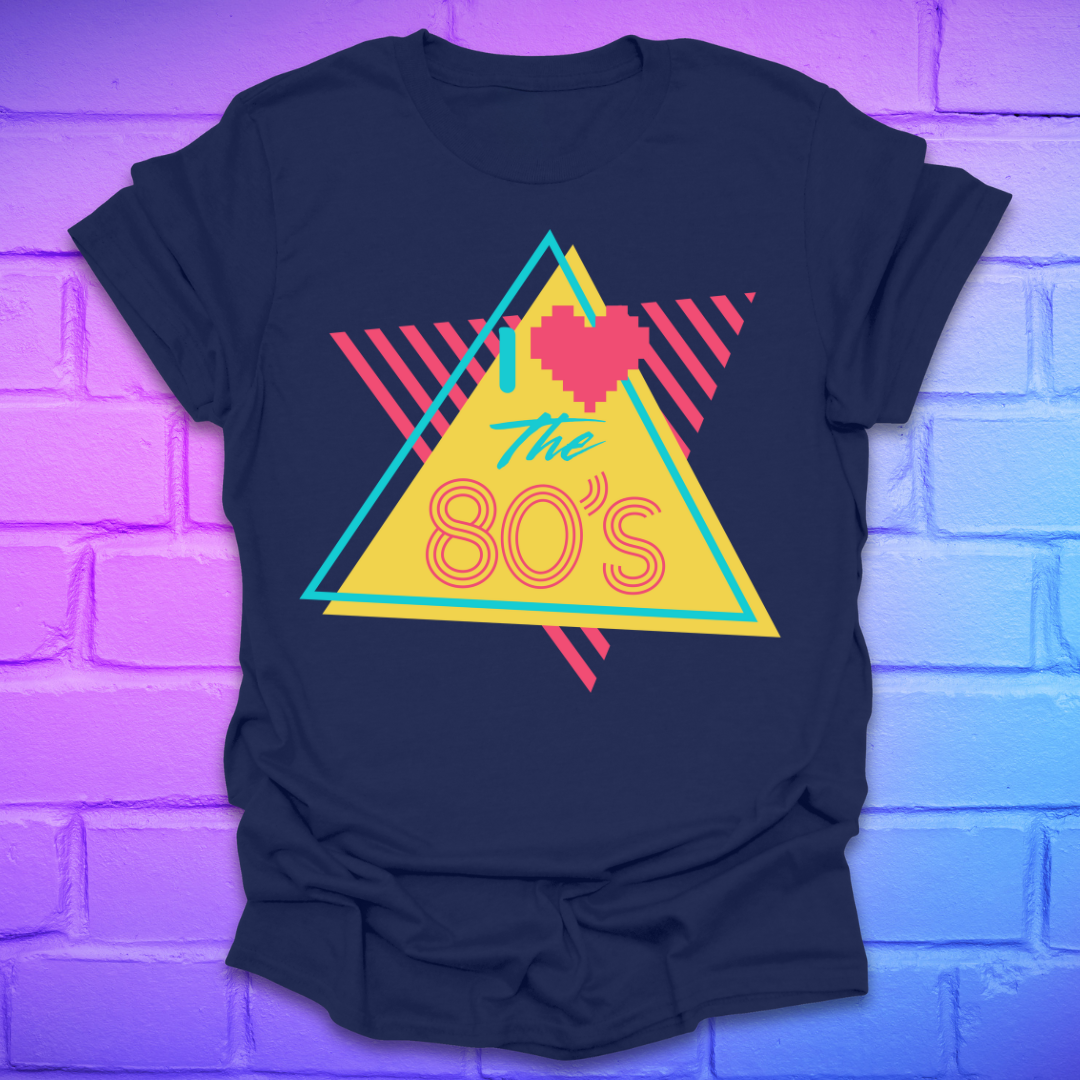 Navy blue t-shirt with 'The 80's' design on a brick wall background