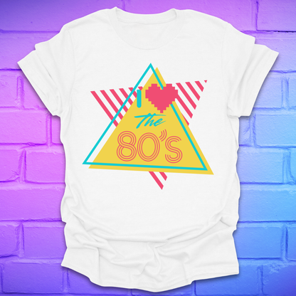 White t-shirt with 'I love the 80's' design on a colorful brick wall background