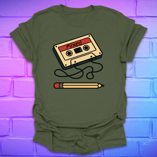 Green t-shirt with a cassette tape and pencil graphic on a brick wall background