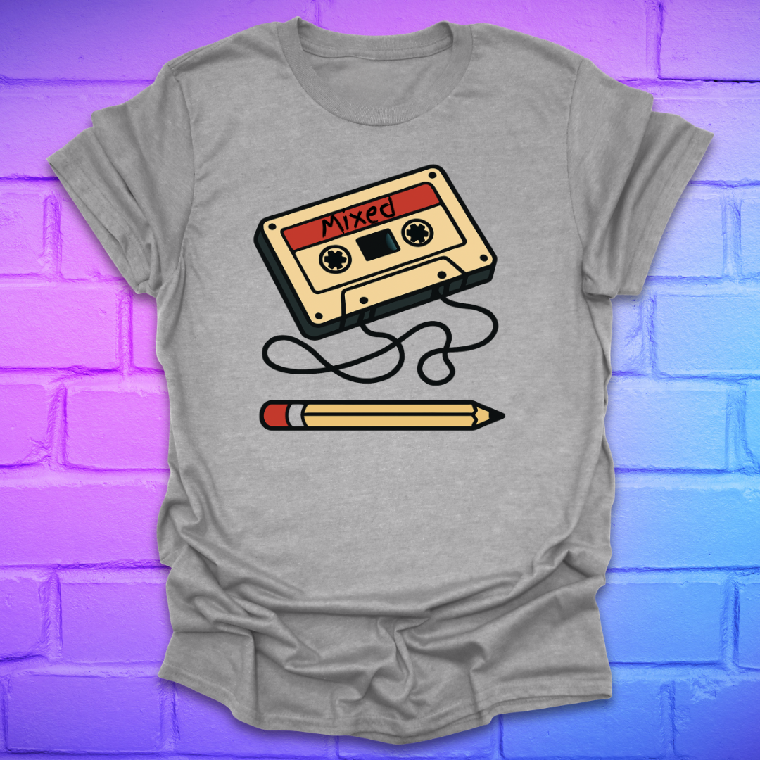 Gray t-shirt with a cassette tape and pencil graphic on a brick wall background
