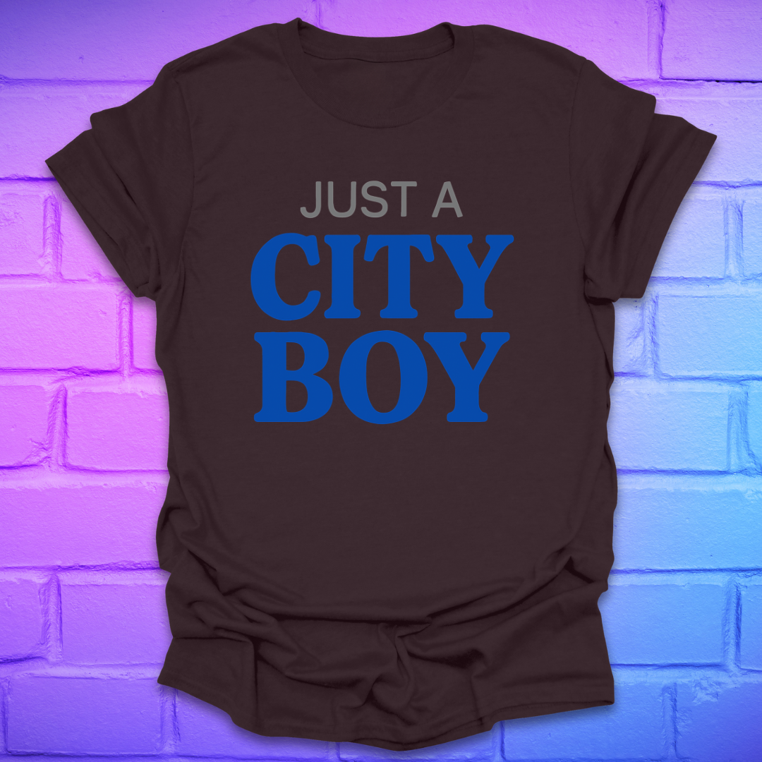 Brown t-shirt with 'Just a City Boy' text on a brick wall background