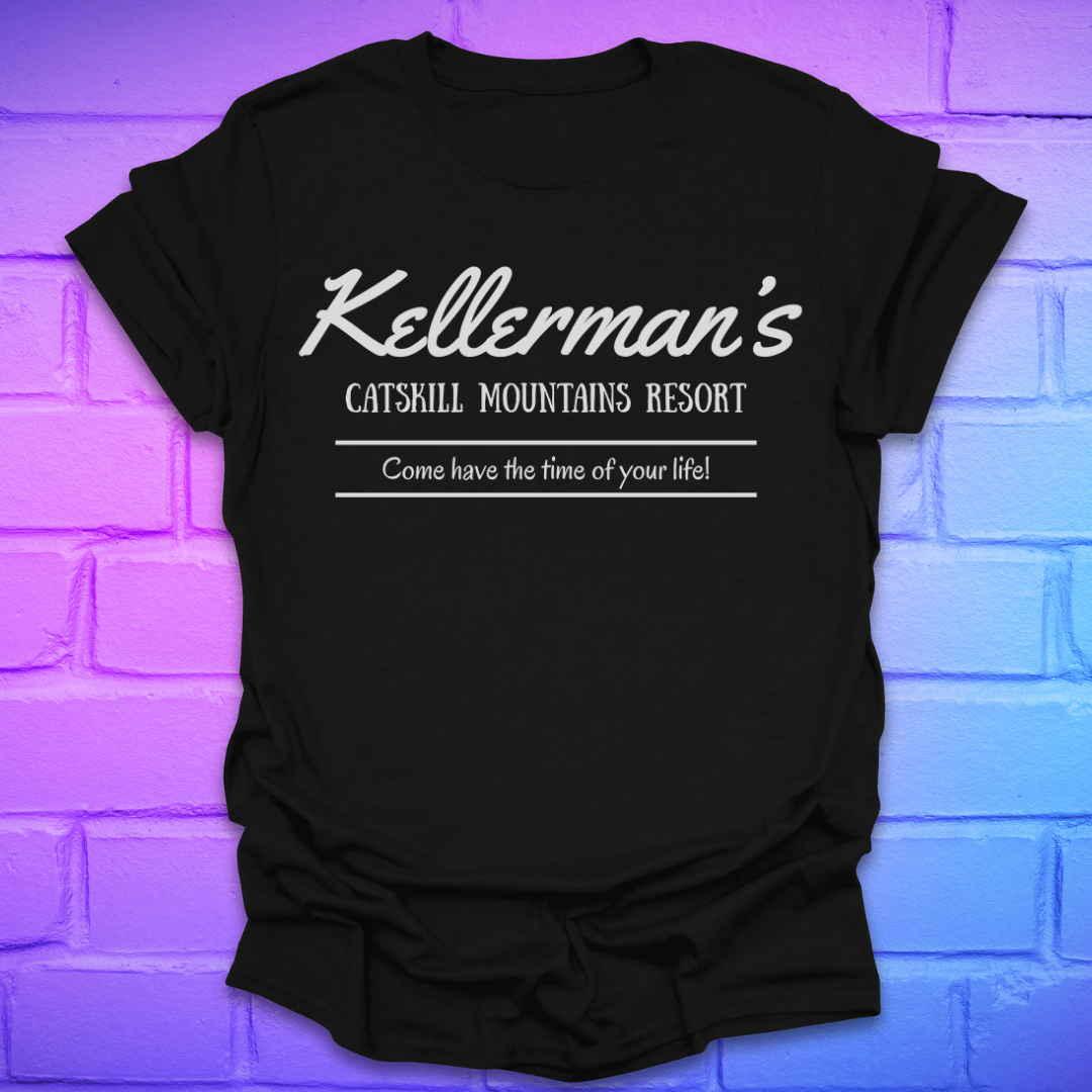 Black t-shirt with white text, "kellerman's Resort' on a brick wall background