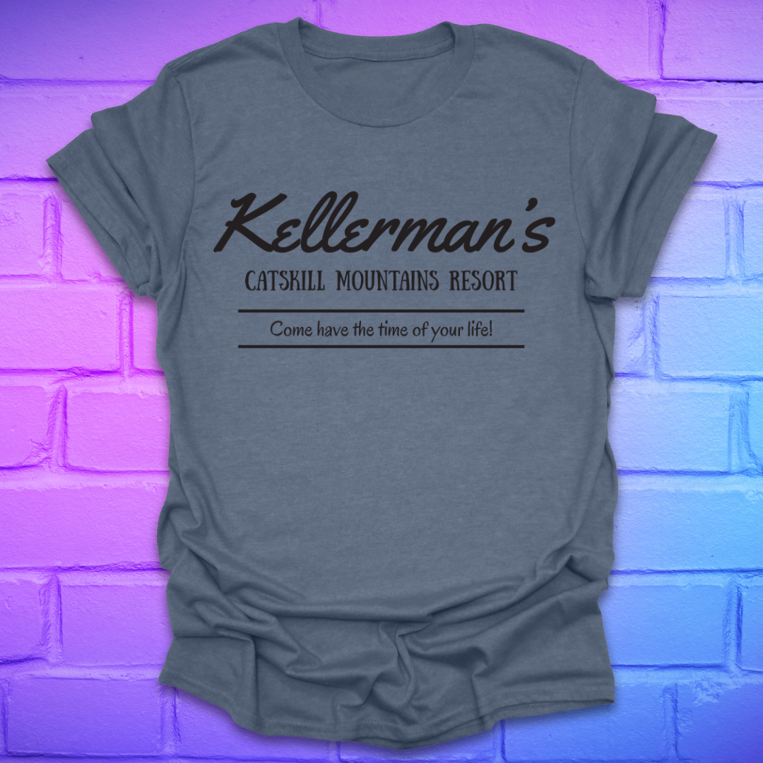 Indigo t-shirt with white text, "kellerman's Resort' on a brick wall background