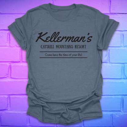 Indigo t-shirt with white text, "kellerman's Resort' on a brick wall background