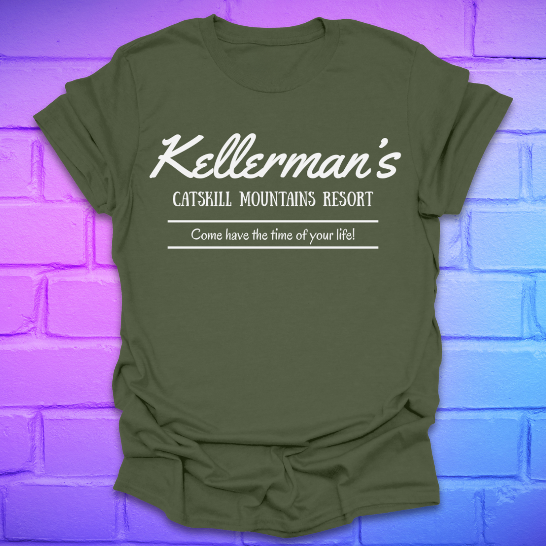 Green t-shirt with white text, "kellerman's Resort' on a brick wall background