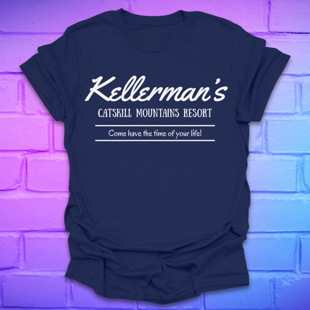 Navy t-shirt with white text, "kellerman's Resort' on a brick wall background
