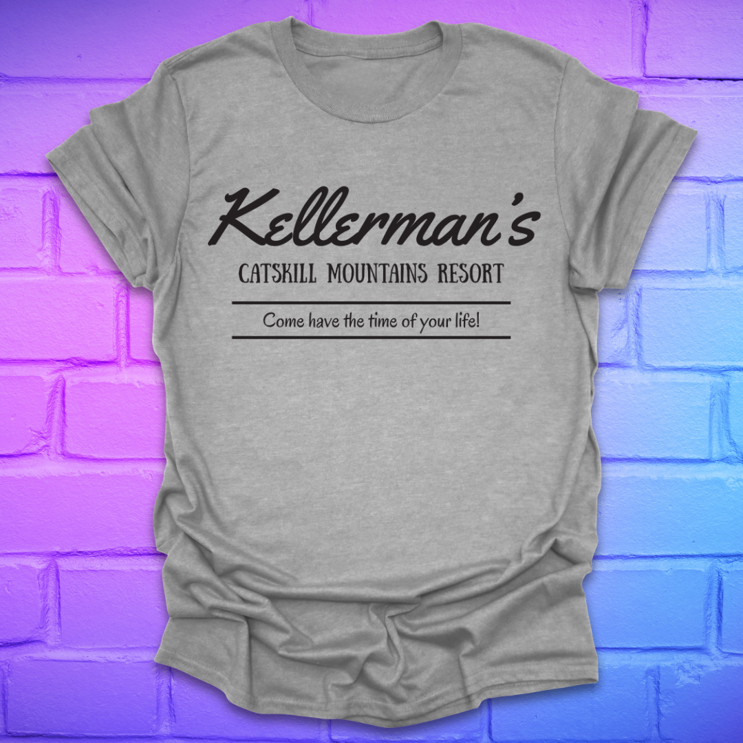 Grey t-shirt with white text, "kellerman's Resort' on a brick wall background