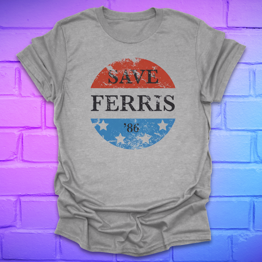 Gray t-shirt with 'Save Ferris' graphic design on a brick wall background